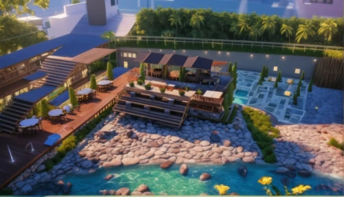 floating islands,aqua studio,3d rendering,eco hotel,roof top pool,house by the water,landscape design sydney,resort,seaside resort,3d render,sky apartment,pool house,landscape designers sydney,floating huts,artificial island,floating island,over water bungalow,holiday villa,render,houseboat