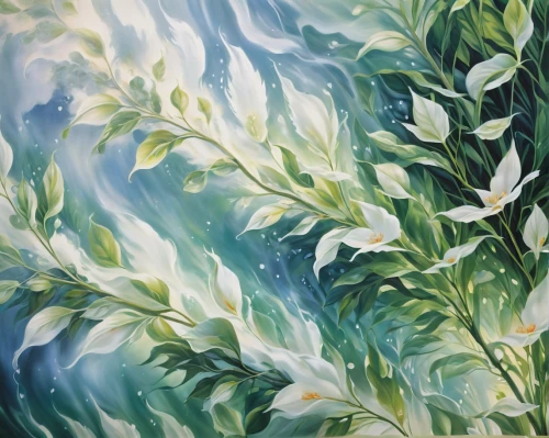 tropical leaf pattern,watercolor leaves,palm lilies,tropical greens,eucalyptus,tropical floral background,watercolor background,oleander,green leaves,spring leaf background,tropical leaf,lilies of the valley,palm leaves,foliage leaves,hawaii bamboo,palm branches,flora,painting pattern,detail shot,oil on canvas,Conceptual Art,Daily,Daily 16