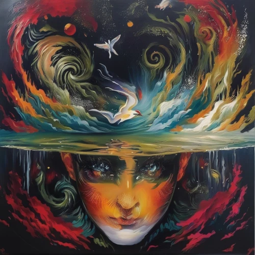 amano,sirens,medusa,siren,transistor,fantasia,fire siren,rusalka,aura,fire and water,oil painting on canvas,vortex,the hat of the woman,fae,gemini,oil on canvas,agua de valencia,water nymph,flame spirit,psychedelic art,Illustration,Paper based,Paper Based 04