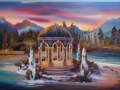 church painting,fantasy landscape,fountain of the moor,glass painting,khokhloma painting,oil painting on canvas,wishing well,salt meadow landscape,fountain pond,water fountain,art painting,oil painting,moor fountain,oil on canvas,painting technique,water palace,fantasy picture,landscape background,meticulous painting,mountain scene,Illustration,Paper based,Paper Based 04