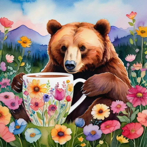 coffee tea illustration,ivan-tea,coffee background,bear kamchatka,a cup of coffee,caffè americano,kopi luwak,drinking coffee,a cup of tea,floral with cappuccino,cup of coffee,brown bear,cute bear,kopi,tea drinking,flower animal,kodiak bear,cup of tea,dandelion coffee,tea time,Conceptual Art,Daily,Daily 03