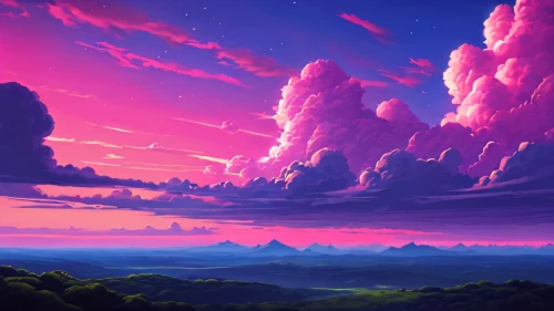 purple landscape,fantasy landscape,pink dawn,futuristic landscape,mushroom landscape,dusk background,landscape background,cloud mountains,sky,volcanic landscape,hot-air-balloon-valley-sky,high landscape,epic sky,dusk,mountain sunrise,cloud mountain,panoramic landscape,alien planet,skies,art background,Conceptual Art,Sci-Fi,Sci-Fi 12