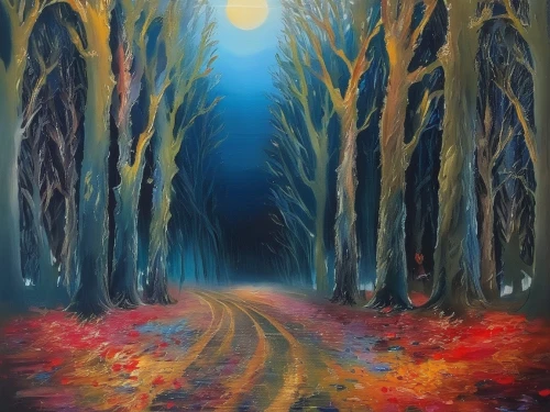 forest road,enchanted forest,autumn forest,forest of dreams,forest landscape,forest path,fairytale forest,the mystical path,winter forest,haunted forest,tree lined lane,autumn landscape,birch forest,oil painting on canvas,hollow way,fairy forest,moonlit night,tree lined path,forest background,birch alley,Illustration,Paper based,Paper Based 04