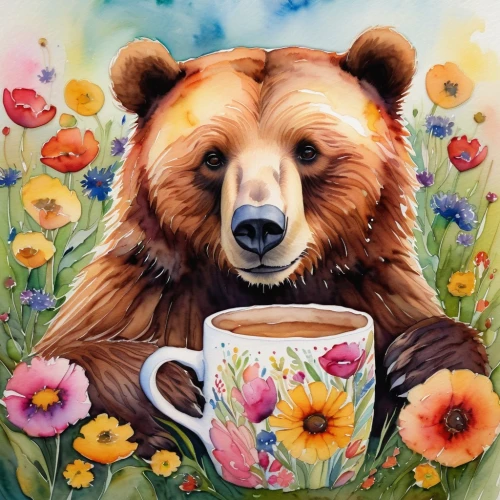 coffee tea illustration,brown bear,watercolor tea,coffee watercolor,cute bear,coffee tea drawing,coffee background,ivan-tea,bear kamchatka,drinking coffee,woman drinking coffee,dandelion coffee,a cup of coffee,flower painting,tea drinking,cup of coffee,floral with cappuccino,a cup of tea,tea art,bear,Illustration,Paper based,Paper Based 11