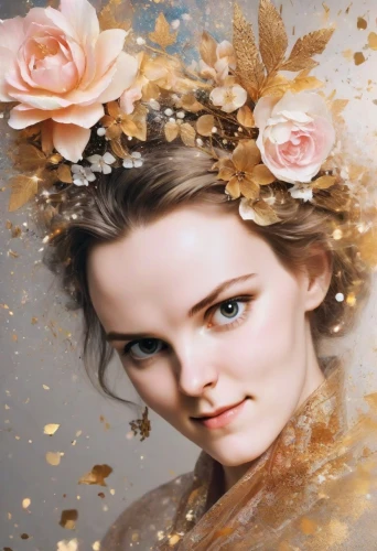 portrait background,mystical portrait of a girl,girl in flowers,faery,flowers png,fantasy portrait,femininity,image manipulation,flower fairy,flower background,elven flower,rosa ' amber cover,rose png,flower girl,faerie,beautiful girl with flowers,yellow rose background,blossom gold foil,romantic portrait,woman face,Photography,Cinematic