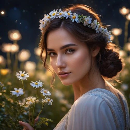 beautiful girl with flowers,girl in flowers,romantic portrait,daisy flowers,flower fairy,marguerite,enchanting,romantic look,mystical portrait of a girl,flower girl,flower crown,daisy flower,faery,faerie,splendor of flowers,daisies,fairy queen,marguerite daisy,jasmine blossom,girl in the garden,Photography,General,Commercial