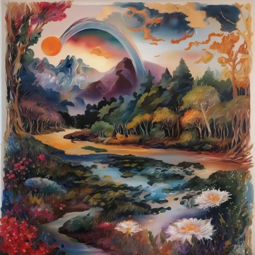 autumn landscape,fantasy landscape,fall landscape,river landscape,khokhloma painting,desert landscape,nature landscape,oil on canvas,mushroom landscape,oil painting on canvas,small landscape,mountain scene,landscape background,landscape,forest landscape,an island far away landscape,desert desert landscape,mountain landscape,panoramic landscape,acrylic paint,Illustration,Paper based,Paper Based 04