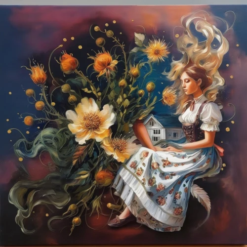girl in flowers,girl picking flowers,sunflowers in vase,girl in the garden,flower painting,falling flowers,calendula,girl in a wreath,the garden marigold,girl with a wheel,marguerite,oil painting on canvas,cloves schwindl inge,sunflowers,little girl in wind,meticulous painting,sun flowers,flora,wreath of flowers,art painting,Illustration,Paper based,Paper Based 04