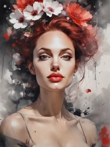 red petals,flower of passion,red magnolia,red flower,red flowers,fashion illustration,world digital painting,red roses,red rose,red carnations,flower painting,red carnation,rose white and red,digital painting,fantasy portrait,red poppies,red head,fantasy art,digital art,girl in flowers,Digital Art,Watercolor