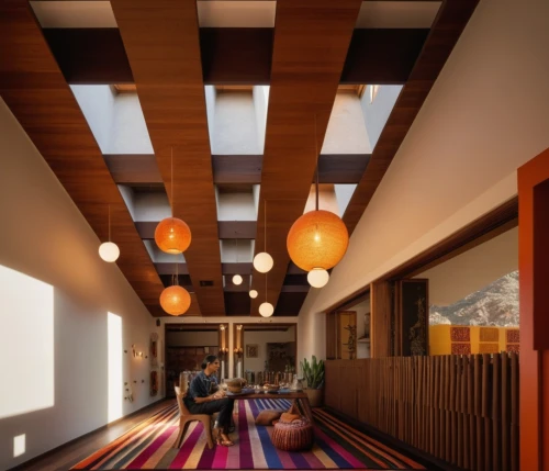 daylighting,billiard room,wooden beams,hallway space,patterned wood decoration,ceiling construction,contemporary decor,hotel hall,eco hotel,indoor games and sports,interior modern design,interior design,ceiling fixture,archidaily,children's interior,hardwood floors,modern decor,lobby,concrete ceiling,ceiling lighting,Photography,General,Natural