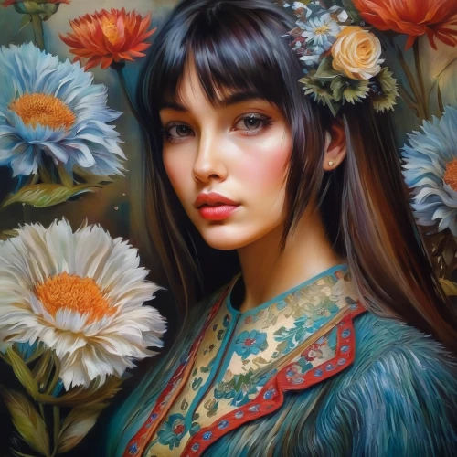girl in flowers,beautiful girl with flowers,fantasy portrait,flower painting,oriental girl,splendor of flowers,wreath of flowers,chinese art,vietnamese woman,oriental princess,asian woman,mystical portrait of a girl,girl in a wreath,oriental painting,boho art,flora,fantasy art,romantic portrait,janome chow,flower art,Illustration,Paper based,Paper Based 04
