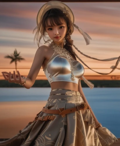 asian costume,hula,nami,belly dance,the sea maid,fantasy picture,fantasy woman,cosplay image,moana,cleopatra,rem in arabian nights,bjork,digital compositing,lindsey stirling,beach background,mai tai,ancient costume,3d fantasy,fantasy girl,rosa ' amber cover,Photography,General,Natural