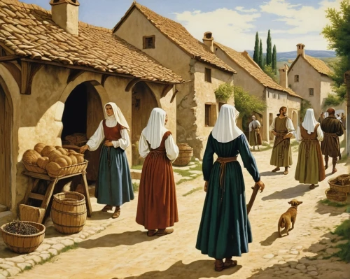 pilgrims,medieval street,village scene,the pied piper of hamelin,village life,street scene,villagers,medieval market,monks,church painting,nuns,winemaker,pilgrim,provencal life,nativity village,villages,the production of the beer,procession,village festival,woman hanging clothes,Illustration,Retro,Retro 01