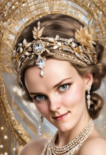 bridal accessory,diadem,gold foil crown,bridal jewelry,gold crown,headpiece,headdress,golden crown,princess crown,gold jewelry,miss circassian,the carnival of venice,jeweled,adornments,great gatsby,pearl necklace,imperial crown,crowned,love pearls,gold ornaments,Digital Art,Classicism