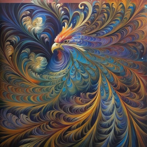 psychedelic art,colorful spiral,kaleidoscope art,phoenix rooster,kaleidoscope,peacock,kaleidoscopic,fractals art,dimensional,coral swirl,vortex,swirls,whirlpool pattern,swirling,swirl,fairy peacock,abstract artwork,oil painting on canvas,heart swirls,psychedelic,Illustration,Paper based,Paper Based 04