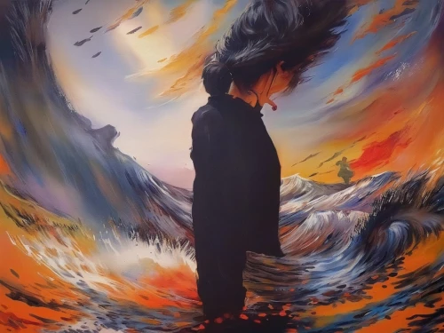 the wind from the sea,oil painting on canvas,japanese art,howl,japanese waves,japanese wave,nine-tailed,art painting,flow of time,man at the sea,amano,oil painting,oil on canvas,sōjutsu,fire artist,wind wave,kame sennin,shirakami-sanchi,hans christian andersen,flame spirit,Illustration,Paper based,Paper Based 04