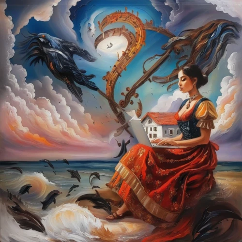 fantasy picture,fantasy art,the wind from the sea,flamenco,girl with a dolphin,fantasy woman,surrealism,little girl in wind,shamanism,celebration of witches,shamanic,crow queen,capricorn mother and child,dreams catcher,dreamcatcher,the sea maid,woman playing,fantasy portrait,khokhloma painting,gypsy soul,Illustration,Paper based,Paper Based 04