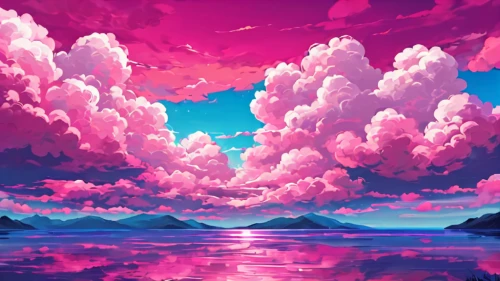 acid lake,purple landscape,sky,pink dawn,clouds - sky,landscape background,heaven lake,pink beach,pink-purple,vapor,panoramical,would a background,art background,volcanic lake,cumulus,cotton candy,sky clouds,colorful background,clouds,ocean,Conceptual Art,Daily,Daily 24