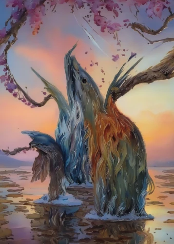 unicorn art,hares,fantasy picture,fantasy art,dolphins in water,kelpie,rabbits and hares,surrealism,3d fantasy,hare of patagonia,whimsical animals,fantasy landscape,ghost forest,sea landscape,two dolphins,sea-horse,unicorn background,dolphin-afalina,acid lake,flotsam and jetsam,Illustration,Paper based,Paper Based 04