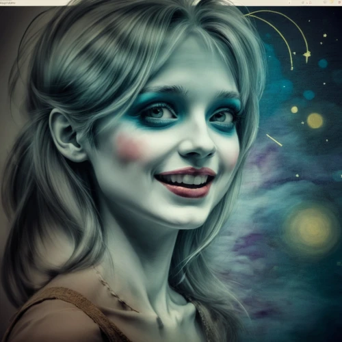 chalk drawing,alice,fantasy portrait,world digital painting,harley quinn,digital painting,alice in wonderland,photo painting,blue enchantress,mystical portrait of a girl,moonbeam,fantasy art,the enchantress,airbrushed,illustrator,digital art,star mother,painted lady,oil chalk,star drawing