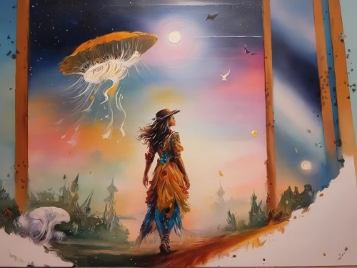 indigenous painting,pachamama,astral traveler,khokhloma painting,boho art,shamanism,the wanderer,indian art,oil painting on canvas,nebula guardian,pocahontas,space art,amano,shamanic,flying seeds,dreams catcher,oil painting,falling stars,painting technique,wall art,Illustration,Paper based,Paper Based 04