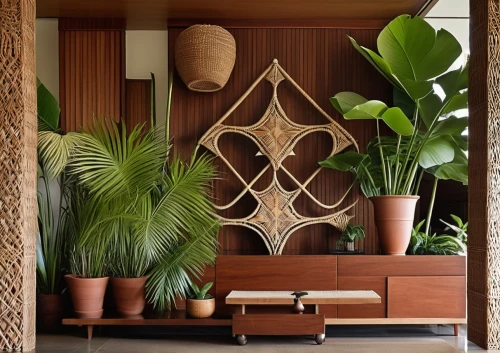 patterned wood decoration,mid century modern,room divider,house plants,garden design sydney,bamboo curtain,ornamental dividers,houseplant,modern decor,contemporary decor,wooden flower pot,interior decor,mid century house,exotic plants,bamboo plants,wall decoration,interior decoration,bamboo frame,mid century,wall panel,Photography,General,Realistic