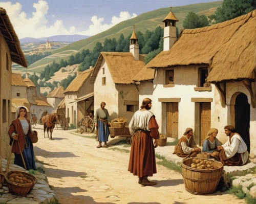 village scene,pilgrims,nativity village,street scene,the production of the beer,church painting,village life,medieval street,mountain village,villagers,medieval market,east-european shepherd,khokhloma painting,traditional village,alpine village,harvest festival,goatherd,woman at the well,basket weaver,the market,Illustration,Retro,Retro 01