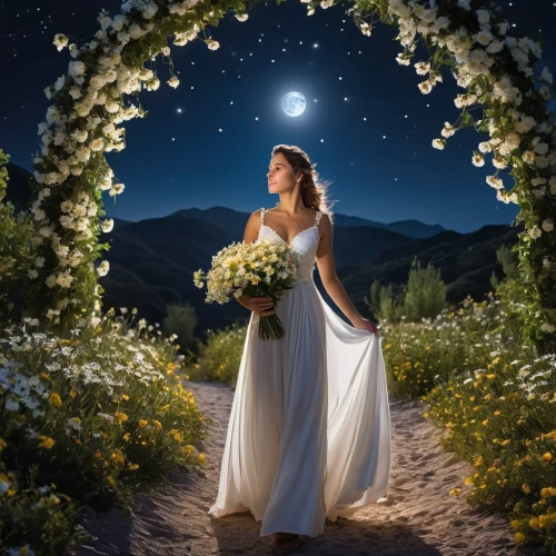 night-blooming jasmine,romantic portrait,bridal veil,moonflower,fantasy picture,the night of kupala,girl in flowers,beach moonflower,silver wedding,wedding photo,moon and star background,beautiful girl with flowers,photo manipulation,romantic look,night scented jasmine,wedding photography,girl in a wreath,wreath of flowers,bride,bridal dress,Photography,General,Realistic