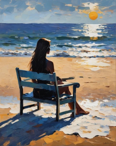 oil painting,sun and sea,beach chair,oil painting on canvas,woman sitting,sea beach-marigold,man at the sea,beach landscape,bench by the sea,girl on the dune,girl sitting,oil on canvas,by the sea,carol colman,seascape,sea breeze,to be alone,girl in a long,deckchair,el mar,Conceptual Art,Oil color,Oil Color 10