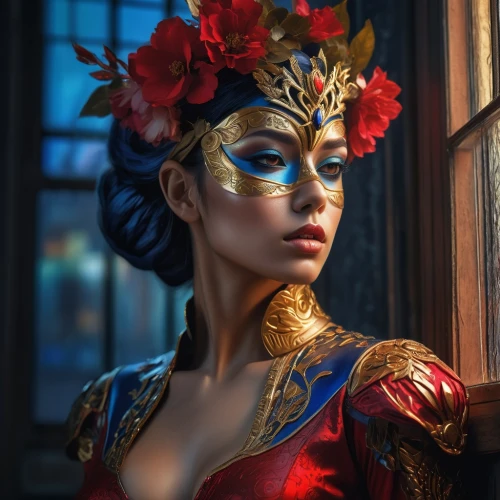 venetian mask,masquerade,asian costume,wonderwoman,gold mask,fantasy portrait,oriental princess,golden mask,fantasy woman,geisha,cosplay image,gold crown,wonder woman,miss vietnam,golden crown,geisha girl,queen of hearts,balinese,indonesian women,romantic portrait,Photography,Artistic Photography,Artistic Photography 08