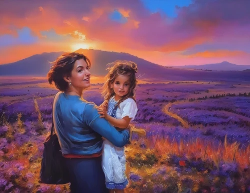 little girl and mother,purple landscape,oil painting on canvas,oil painting,lilacs,la violetta,lupines,lavender fields,mother kiss,oil on canvas,lavender field,art painting,mother and daughter,mother with child,mother's,landscape background,mom and daughter,young women,california lilac,violet colour,Illustration,Paper based,Paper Based 04