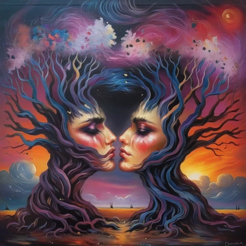 psychedelic art,amorous,oil painting on canvas,all forms of love,mirror of souls,mother kiss,lovers,intertwined,adam and eve,cube love,couple in love,two people,garden of eden,surrealism,man and woman,mother earth,secret garden of venus,handing love,romantic scene,couple - relationship,Illustration,Paper based,Paper Based 04