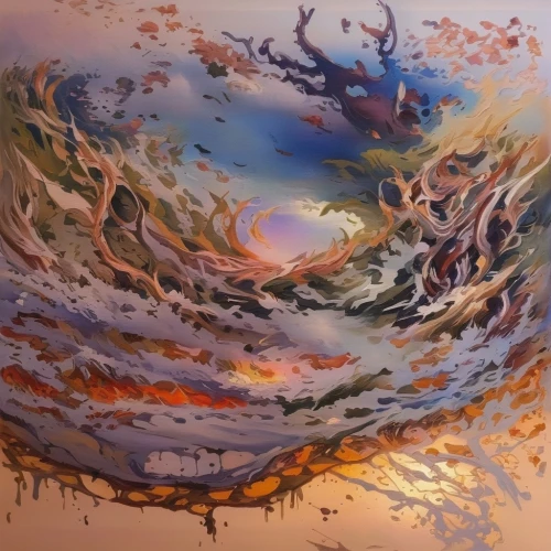 autumn landscape,glass painting,zao,abstract painting,mushroom landscape,panoramical,fall landscape,pour,khokhloma painting,finch in liquid amber,autumn tree,oil on canvas,oil painting on canvas,swirling,aerial landscape,abstract artwork,whirlwind,erosion,flow of time,amano,Illustration,Paper based,Paper Based 04