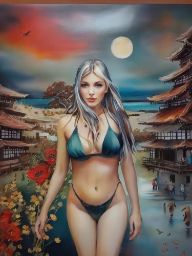 the blonde in the river,chinese art,fantasy art,asian vision,indigenous painting,japanese art,oriental painting,art painting,oil painting on canvas,fantasy picture,fantasy woman,khokhloma painting,art exhibition,oriental princess,oriental girl,the sea maid,belly painting,sacred art,world digital painting,kim,Illustration,Paper based,Paper Based 04