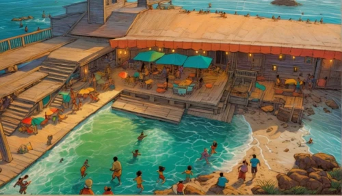 beach restaurant,fishing village,palace of knossos,popeye village,seaside resort,house of the sea,artificial island,underwater playground,maya civilization,fish market,thermae,aqua studio,beach bar,ancient city,dolphinarium,artificial islands,sea trenches,atlantis,maya city,roman bath,Illustration,Realistic Fantasy,Realistic Fantasy 06