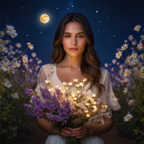beautiful girl with flowers,girl in flowers,jasmine-flowered nightshade,night-blooming jasmine,holding flowers,blue moon rose,golden lilac,romantic portrait,mystical portrait of a girl,flowers celestial,fantasy portrait,lilac blossom,splendor of flowers,fantasy picture,forget-me-not,alyssum,flower fairy,wildflower,night scented jasmine,lilac flower,Photography,General,Commercial