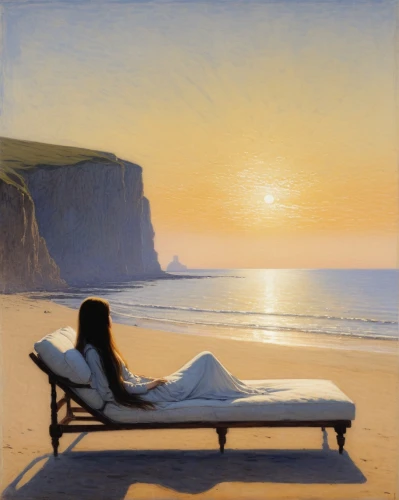 chaise,sunlounger,girl on the dune,sunrise beach,beach landscape,summer evening,chaise longue,lounger,woman on bed,eventide,honeymoon,idyll,dream beach,evening atmosphere,sunset beach,girl in a long,etretat,lan thom,deckchair,golden sands,Art,Classical Oil Painting,Classical Oil Painting 13