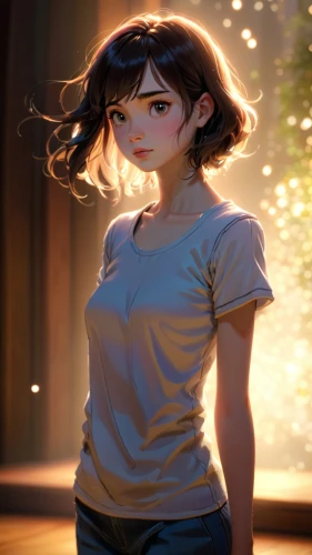 visual effect lighting,anime 3d,rosa ' amber cover,portrait background,lens flare,cg artwork,mystical portrait of a girl,girl with speech bubble,light effects,hinata,anime girl,girl in t-shirt,background images,chara,honmei choco,game illustration,tracer,wonder,scene lighting,character animation,Anime,Anime,Cartoon