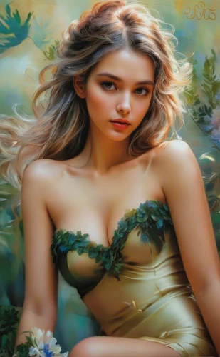 faery,faerie,fantasy art,dryad,beautiful girl with flowers,girl in flowers,celtic woman,fantasy portrait,fantasy picture,romantic portrait,world digital painting,art painting,photo painting,girl in a wreath,oil painting on canvas,spring leaf background,mystical portrait of a girl,oil painting,splendor of flowers,background ivy,Illustration,Paper based,Paper Based 04