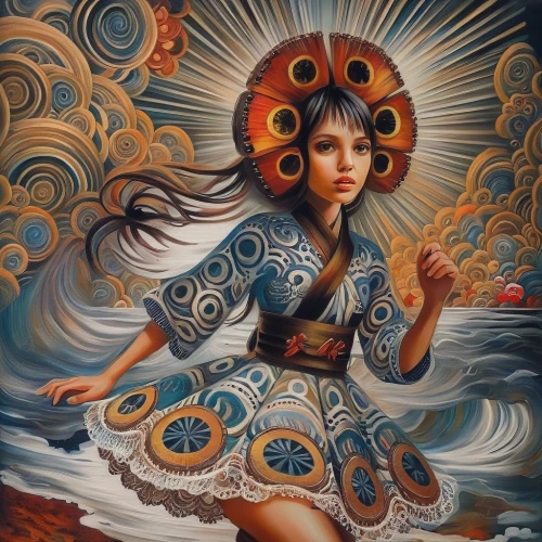 shamanic,boho art,shamanism,indigenous painting,vietnamese woman,psychedelic art,peruvian women,girl with a wheel,flamenco,mystical portrait of a girl,khokhloma painting,pachamama,ethnic dancer,mexican culture,gypsy soul,shaman,the wind from the sea,fantasy art,charango,polynesian girl,Illustration,Paper based,Paper Based 04