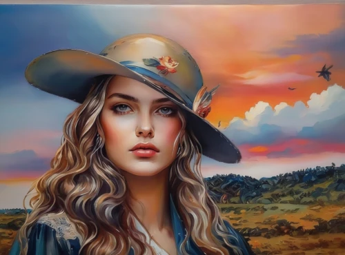 oil painting on canvas,oil painting,art painting,painting technique,photo painting,woman's hat,oil on canvas,cowgirl,world digital painting,fantasy portrait,western,cowboy hat,girl wearing hat,the hat of the woman,painting work,fantasy art,oil paint,meticulous painting,custom portrait,painting,Illustration,Paper based,Paper Based 04