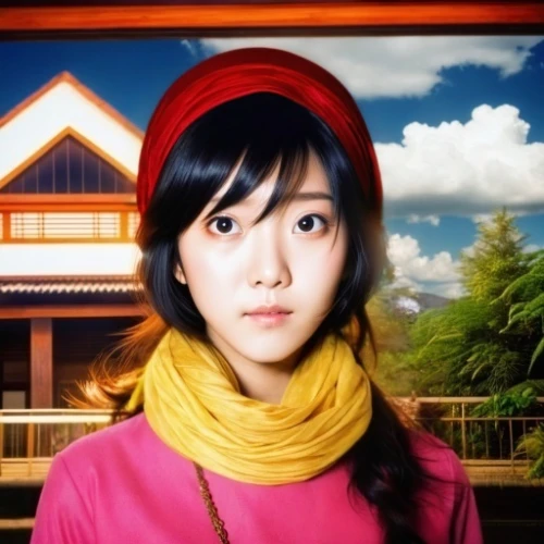 japanese woman,asian woman,portrait background,japanese idol,shirakami-sanchi,mari makinami,oriental girl,asian conical hat,anime 3d,japanese kawaii,anime japanese clothing,girl wearing hat,jin deui,television character,beret,asia girl,girl in a long,aonori,maimi fl,noodle image