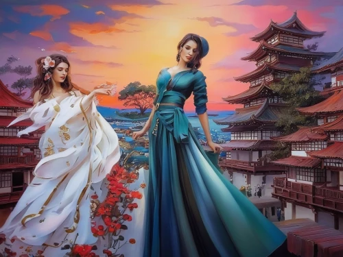 ao dai,chinese art,oriental painting,fantasy picture,oriental princess,taiwanese opera,teal blue asia,oriental,asian culture,fantasy art,world digital painting,oil painting on canvas,princesses,korean culture,orientalism,hanbok,chinese style,forbidden palace,japanese art,asian vision,Illustration,Paper based,Paper Based 04