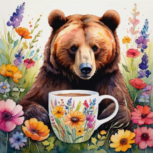 ivan-tea,cute bear,coffee tea illustration,brown bear,bear kamchatka,a cup of tea,watercolor tea,bear,cup of tea,tea drinking,tea time,bears,flower animal,bear teddy,nordic bear,tea art,tea cup fella,a cup of coffee,great bear,bear bow,Conceptual Art,Fantasy,Fantasy 12