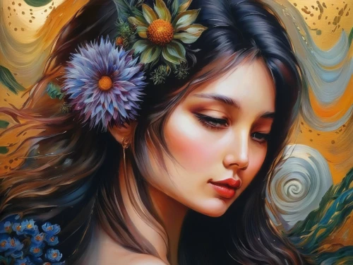 flower painting,girl in flowers,boho art,girl in a wreath,fantasy portrait,beautiful girl with flowers,mystical portrait of a girl,art painting,romantic portrait,oil painting on canvas,vietnamese woman,floral wreath,wreath of flowers,flower art,splendor of flowers,oil painting,flora,tiger lily,fantasy art,oriental girl,Illustration,Paper based,Paper Based 04