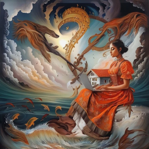 fantasy art,fantasy picture,harp player,fire artist,trumpet of the swan,sci fiction illustration,torch-bearer,mantra om,magic book,woman playing violin,angel playing the harp,the wind from the sea,alchemy,shamanic,the sea maid,art bard,surrealism,fire siren,divination,saraswati veena,Illustration,Paper based,Paper Based 04