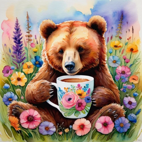 coffee tea illustration,cute bear,flower painting,watercolor tea,brown bear,bear kamchatka,ivan-tea,bear teddy,flower animal,pandoro,bear cub,bear,little bear,a cup of tea,tea drinking,scandia bear,tea time,cup of tea,whimsical animals,flower tea,Art,Classical Oil Painting,Classical Oil Painting 36