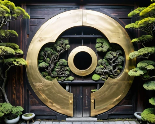 garden door,japanese garden ornament,taijitu,door wreath,gyokuro,ryokan,japanese zen garden,wooden door,green wreath,japan garden,qi-gong,gong,kyoto,dharma wheel,airbnb icon,garden decor,bagua,japanese garden,golden wreath,japanese restaurant,Photography,General,Sci-Fi