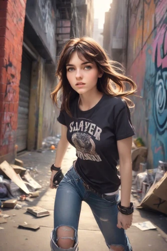 girl in t-shirt,digital compositing,girl walking away,young model istanbul,isolated t-shirt,photo session in torn clothes,girl with a gun,skater,girl with gun,street canyon,alleyway,advertising clothes,maya,alley,tshirt,play street,active shirt,jeans background,action-adventure game,visual effect lighting,Photography,Natural