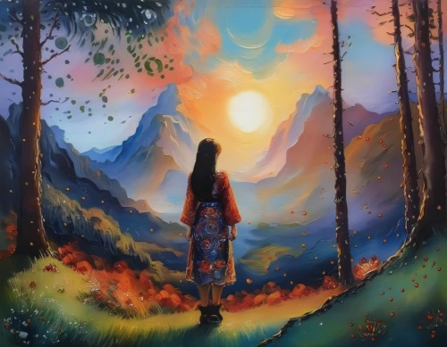 indigenous painting,pachamama,mountain sunrise,the spirit of the mountains,girl with tree,world digital painting,landscape background,mother earth,shamanism,colored pencil background,mystical portrait of a girl,mountain spirit,shamanic,oil painting on canvas,mountain scene,art painting,khokhloma painting,boho art,mantra om,watercolor background,Illustration,Paper based,Paper Based 04